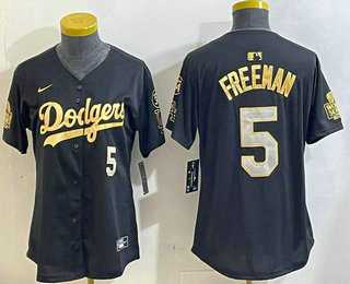 Women%27s Los Men%27s Los Angeles Dodgers #5 Freddie Freeman Black Gold 2024 World Series 34 Patch Stitched Cool Base Jersey